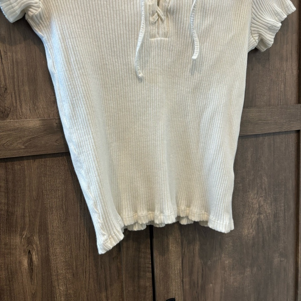 Anthropologie XL White Ribbed Lace-Up Top short sleeve fitted - Picture 5 of 9